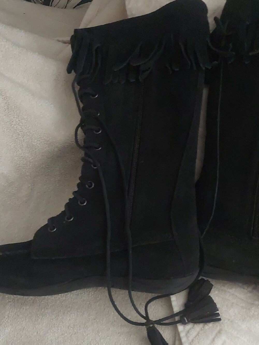 L. L. Bean Women's Black Lace-Up Suede Fringe Mid-Calf Boots - Picture 3 of 3